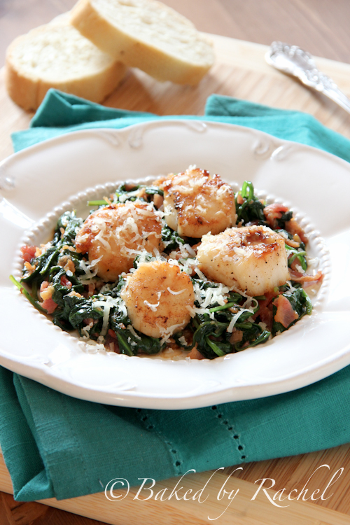 Pan Seared Scallops with Spinach and Bacon - Baked by Rachel