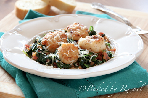 Pan Seared Scallops with Spinach and Bacon - Baked by Rachel