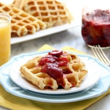 Crisp Buttermilk Waffles with Roasted Strawberries Recipe from bakedbyrachel.com
