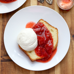 Sour cream pound cake loaf with roasted strawberries and whipped cream recipe from @bakedbyrachel