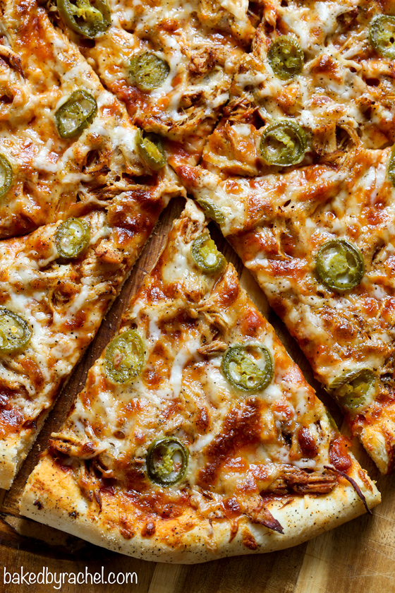Easy homemade thin crust three cheese spicy chicken and jalapeño pizza recipe from @bakedbyrachel